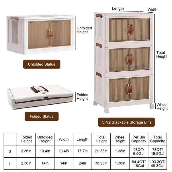 3Pcs Foldable Storage Bins With Lid Front Magnetic Door 